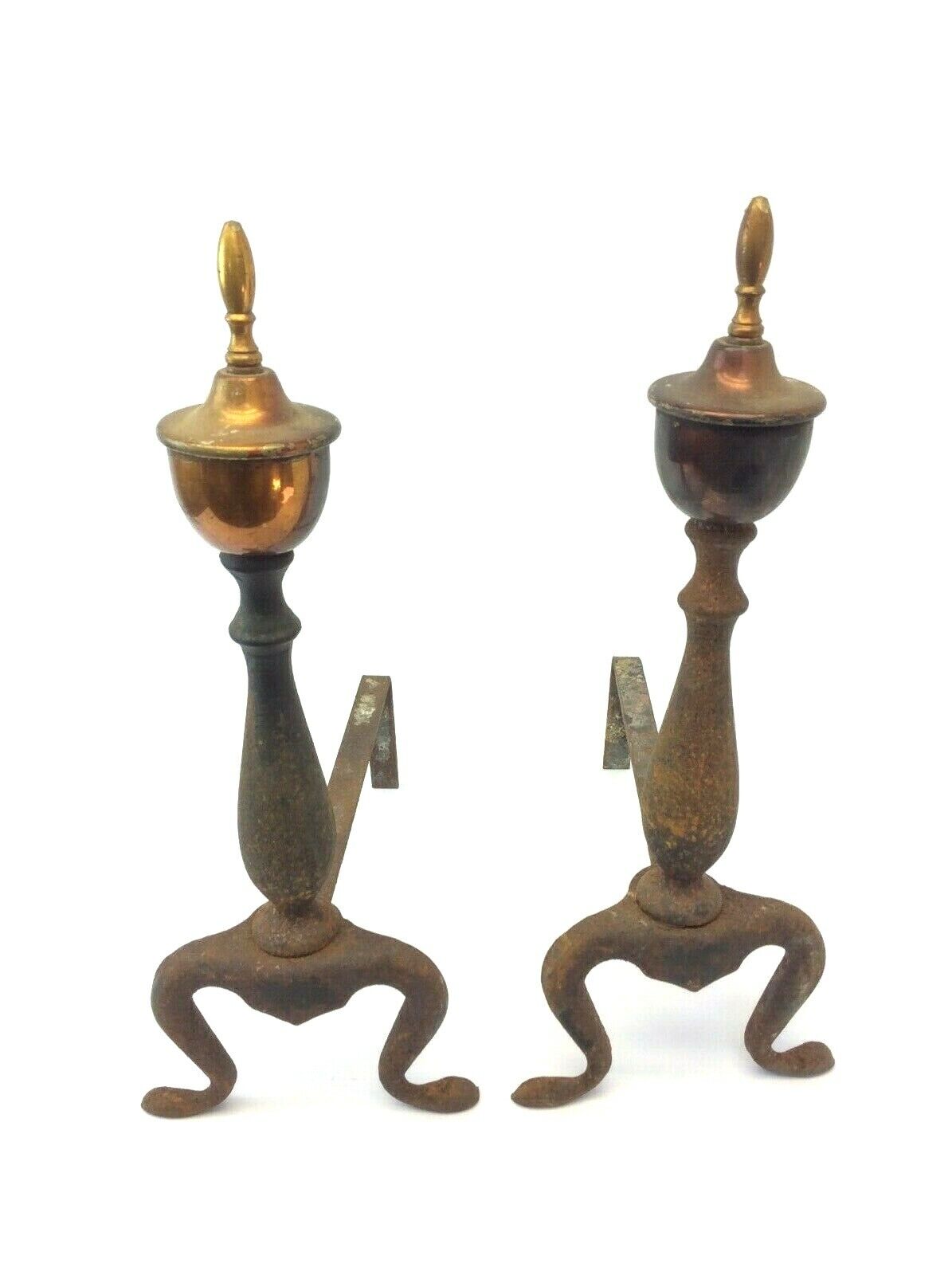 Pair of Vintage Used Old Iron Brass Decorative Fireplace Andirons Hardware Niska cena nowej pracy