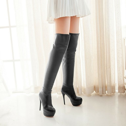 Women Thigh High Boots Slim Heels Black White Brown Shoes Plus Size Fashion new - Picture 2 of 14