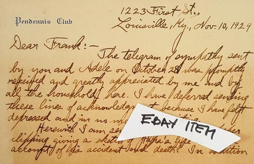 1929 LOUISVILLE, KENTUCKY PENDENNIS CLUB signierte Notizkarte NEVILLE S. BULLITT - Bild 1 von 2