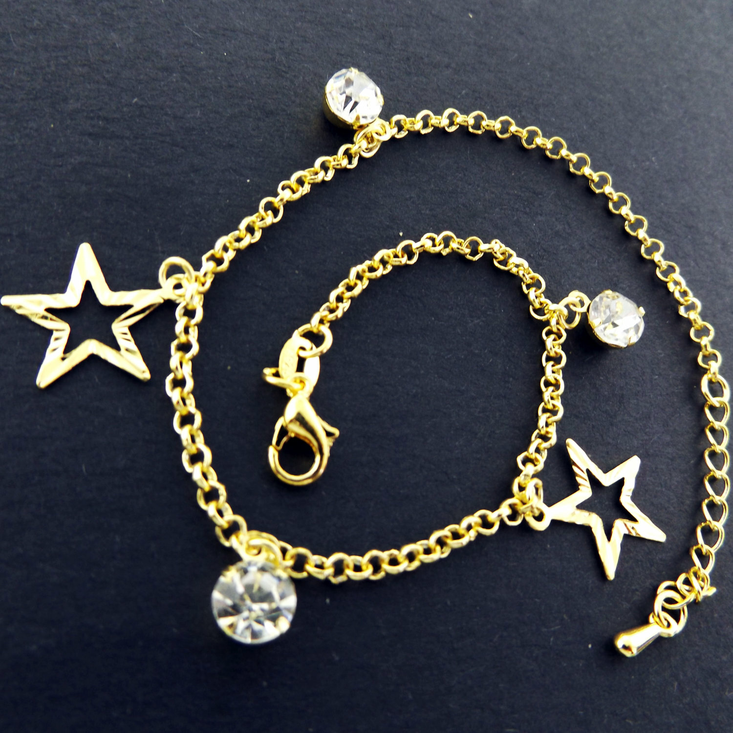 Anklet XL Bracelet Real 18K Yellow Gold G/F Star Diamond Simulated Bead 25cm-image