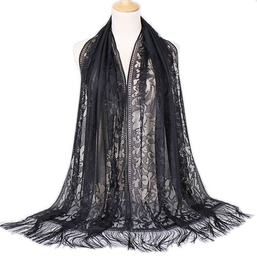 Women Lace Floral Print Triangle Tassel Shawl Muslim Scarves Tippet Head Wrap - Picture 13 of 33