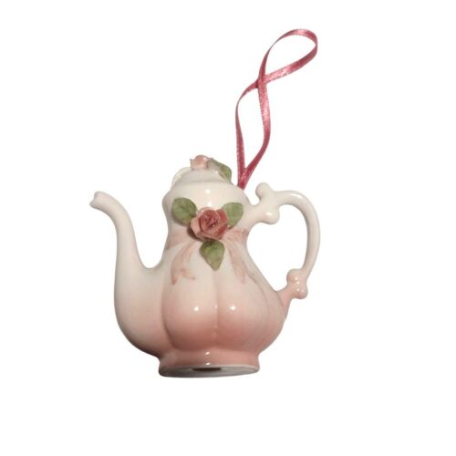 Vintage Porcelain Teapot Ornament Pink & White Floral Accent Ribbon Cute Gift 3" - Picture 5 of 7
