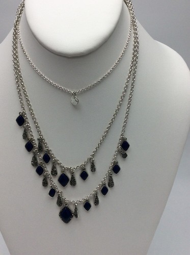 Lucky Brand Silvertone Graphite Crystals Lapis Set Stone Laye Necklace $49 LK25a - Picture 7 of 8
