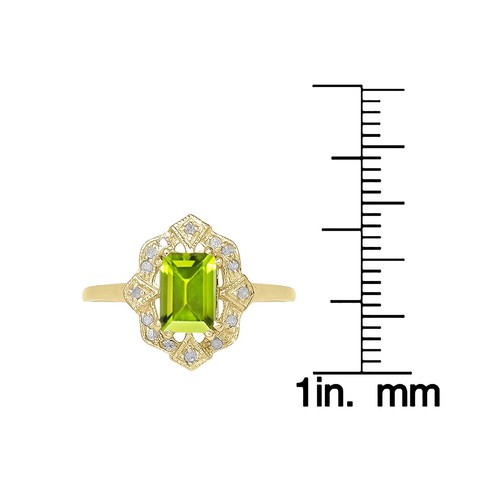 10k Yellow Gold Vintage Style Genuine Emerald-Cut Peridot and Diamond Ring - Picture 3 of 5