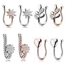 1PC Stainless Steel Fake Nose Hoop Clip On Clear CZ Nose Ring for Women Men