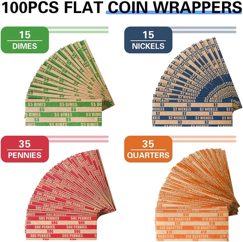 100 Pcs Assorted Packed Flat Stripped Coin Wrappers Coin Rolls Wrapper Quarters - Picture 3 of 12