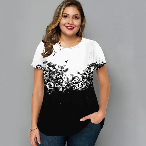 Womens Floral Print Loose Fit T-Shirt Summer Casual Short Sleeve Blouse Top - Picture 20 of 55