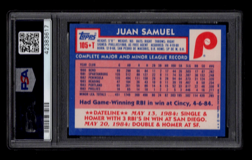 Juan Samuel 1984 Topps Traded Tiffany #105T PSA 10 Baseball Rookie Card Phillies - Bild 2 von 2