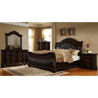 1pcs Bedroom Furniture Formal Walnut W Gold Trim Faux Leather East King Size Bed Ebay