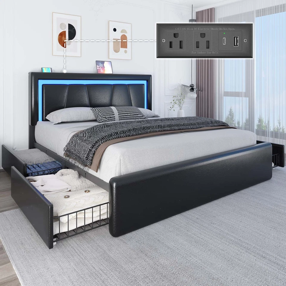 Armação de cama queen size completa com 4 gavetas de armazenamento e estação de carregamento e luzes LED - Imagem 4 de 4
