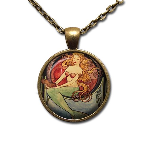 Shell Bikini Mermaid Mystic Nautical Sea - Handmade ROUND Glass Pendant Necklace - Picture 8 of 10