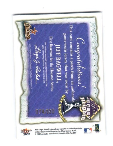 2002 Fleer Flair Jersey Heights "Hot Numbers"  Jeff Bagwell Serial #74/100  RARE - Picture 2 of 2