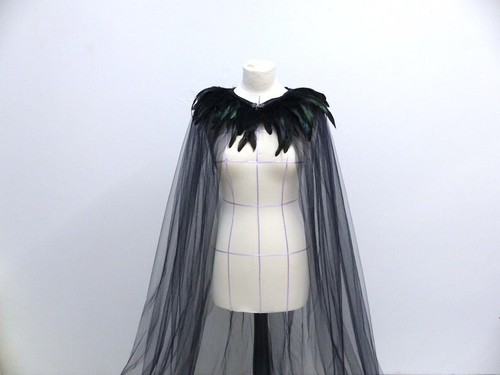Black Feather Tulle Cape, Open Front with Metal Clasp, 71 inches  - Picture 9 of 9