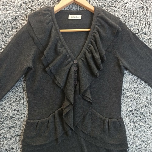 Calvin Klein Vestito Donna Maglione Pullover Piccolo PETITE Grigio Maglia Scollo V Bottone - Foto 4 di 12