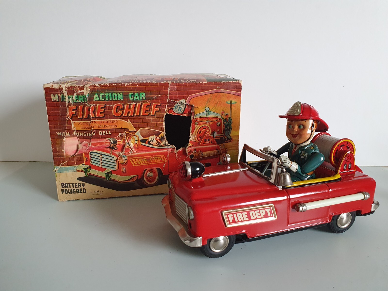 TN Nomura Japan Mystery Action Car FIRE CHIEF Feuerwehr Blechspielzeug 50er OVP