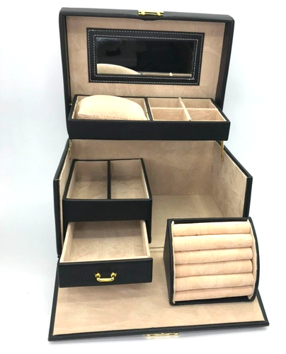 Songmics Leather Travel 3 Tier Fold Out Locking Jewelry Box Mirror & Handle Blk - Picture 5 of 16