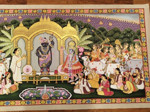 Handmade Krishna Pichwai Painting Shrinathji Darshan Religious Artwork on cloth - Picture 5 of 7