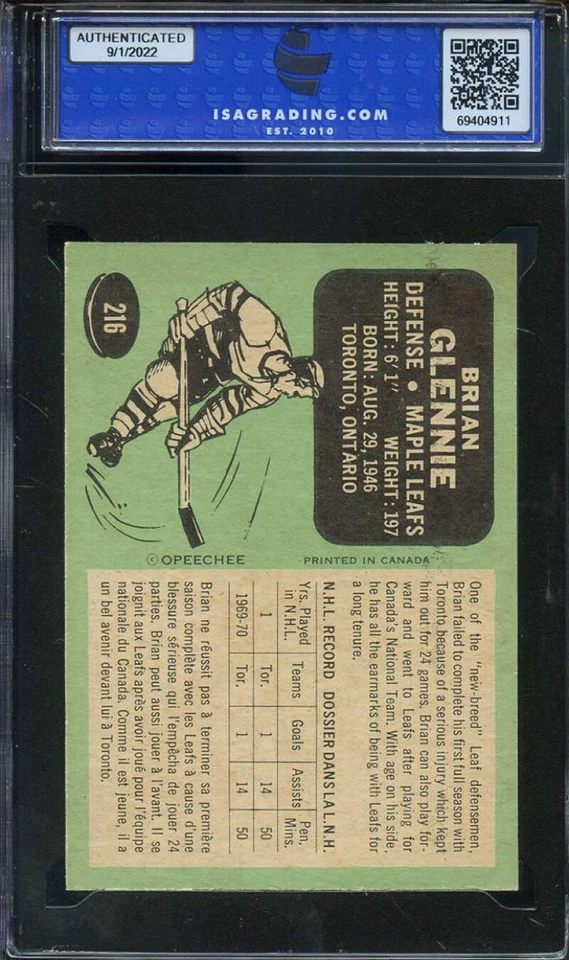 1970-71 O-PEE-CHEE #216 BRIAN GLENNIE (RC) ISA 8 MAPLE LEAFS  *ADT5652 - Image 2 of 2