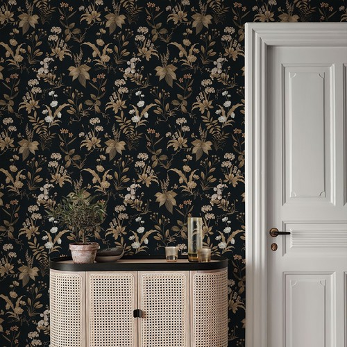 Black Gold Floral Wallpaper Self Adhesive Flower Vinyl Cabinet Sticker 17.3"X118 - Picture 4 of 8