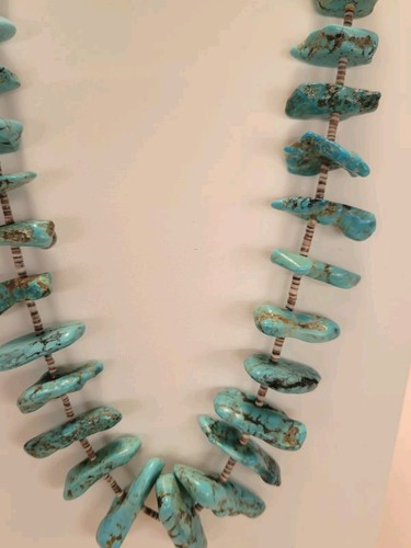 Large Chip Turquoise Necklace Shell Bead Spacers Natural Stone 26" Vntg Artisan - Picture 7 of 8
