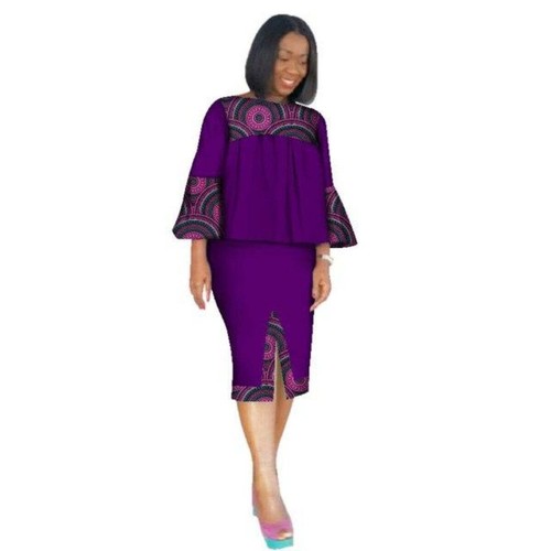 African Clothing Women Ankara Two Pieces Set Long Sleeve Crops Tops-Skirt X11011 - Picture 4 of 12