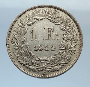 1944-SWITZERLAND-SILVER-1-Franc-Coin-HELVETIA-Symbolizes-SWISS-Nation-i71609