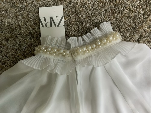 ZARA Top Womens Medium PEARL COLLAR CHIFFON BLOUSE PLEATED TOP White NEW - Picture 15 of 21