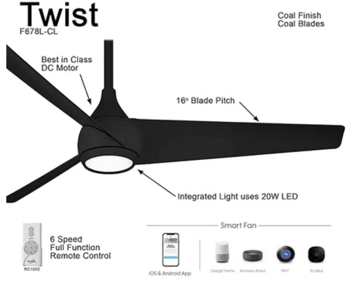 Ventilador de techo inteligente Minka-Aire F678L-CL Twist 52" con luz LED y control remoto - negro carbón Foto 2 de 3