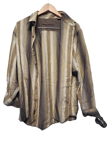 Tommy Bahama Brown Tan Stripe Mens size XL 100% silk Button Up Long sleeve Shirt - Picture 3 of 14