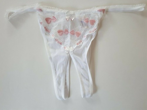 Shirley of Hollywood White Hearts Open-Crotch Thong Erotic Naughty Knickers - Picture 7 of 8