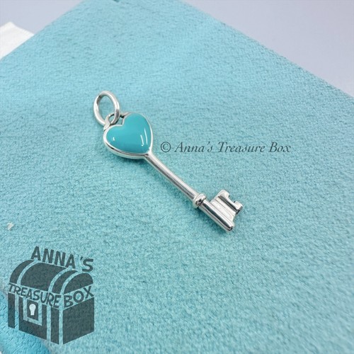 Tiffany & Co. 925 Silver Mini Blue Enamel Heart Key Charm Pendant (pouch) - Picture 1 of 4