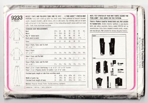 Simplicity 9233 Pantalones-Pulóver Túnica-Elastizados Tejidos 16-18-20 Patrón de Costura SIN CORTAR - Imagen 2 de 3
