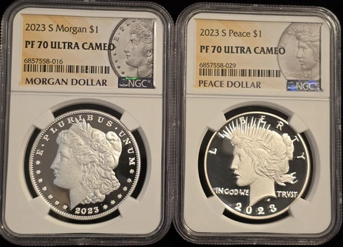 2023 S MORGAN & PEACE SILVER DOLLAR SET $1 NGC PF70 W/ BOX AND COA