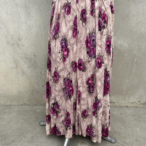Vintage 1930s Purple Floral Print Jersey Rayon Midi Dress Ruching Bow Roses - Picture 5 of 13