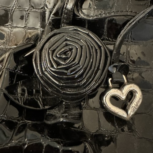 Brighton Black Patent Leather Croc Embossed Hand Bag Silver Metal Heart Handles - Picture 3 of 10