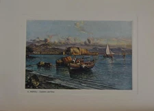 Antique Naples Italy Castle of the Egg Color Engraving Original Art 1929