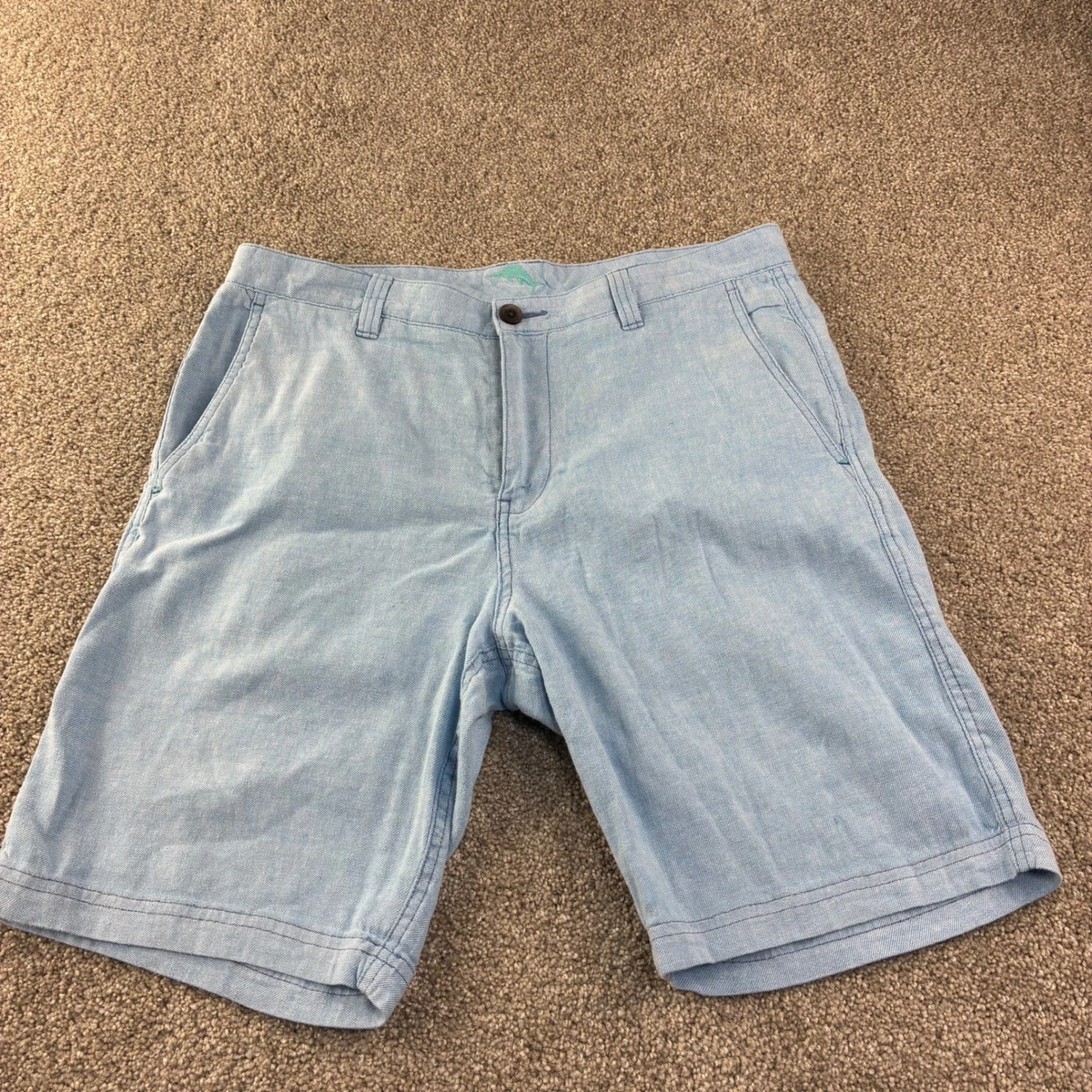 Tommy Bahama Linen Blend Shorts Mens 34 Light Blue Breathable Summer Casual 9in