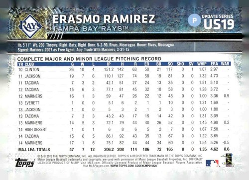 2015 Topps Update #US19 Erasmo Ramirez - Picture 2 of 2
