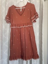 Anthropologie Dress Wm Sz US 0 UK 4 Light Rust Color Stitched Accents In Cream