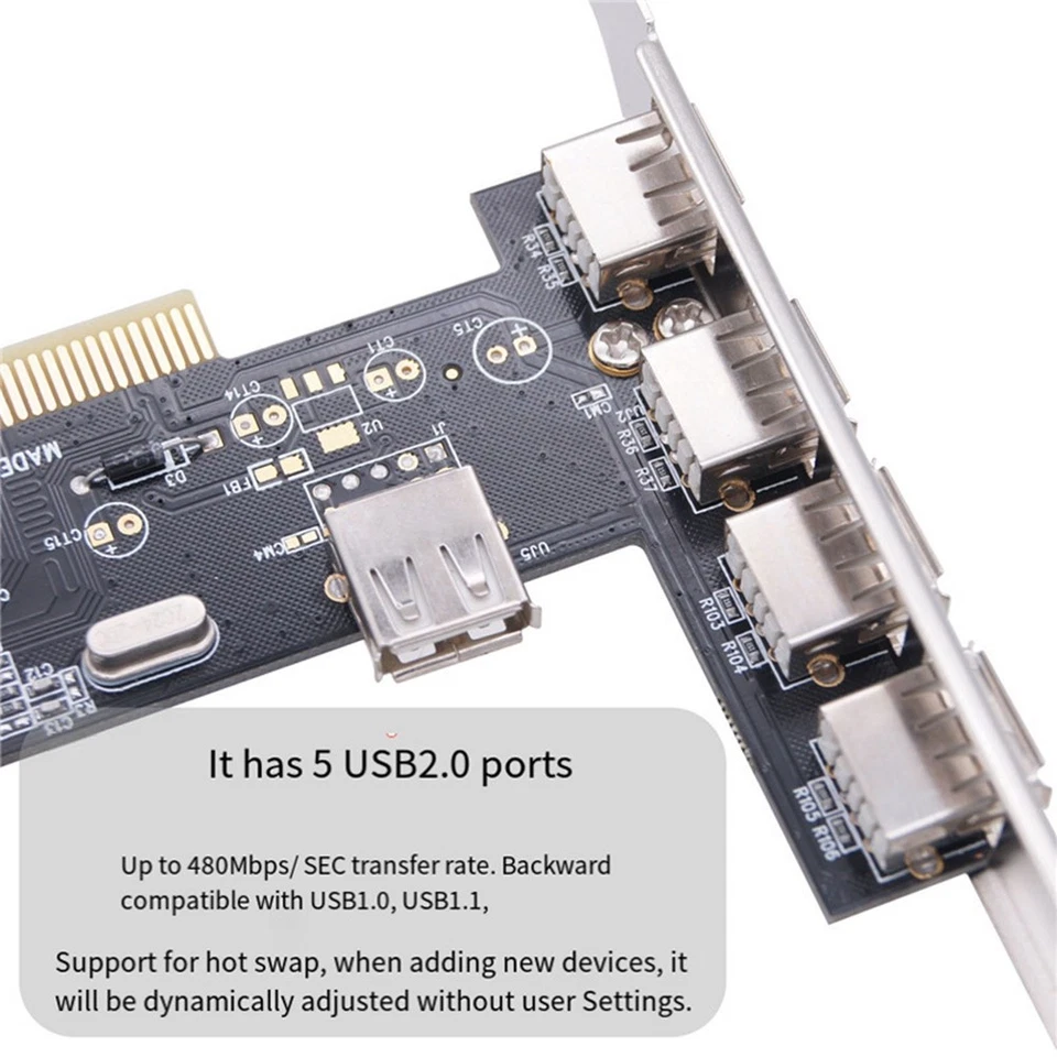 5 Ports PCI to USB 2.0 PCI Expansion Card Adapter Card 480Mbps Driver- PCI1371 - Image 3 of 4