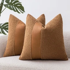20"x20" Tobacco Boucle Throw Pillow Covers with Faux Leather Accents Set of 2...