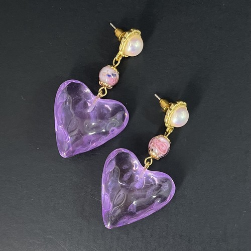 Poured Resin Heart Earrings Purple Pink Venetian Glass Gold Pierced Gripoix - Picture 4 of 9