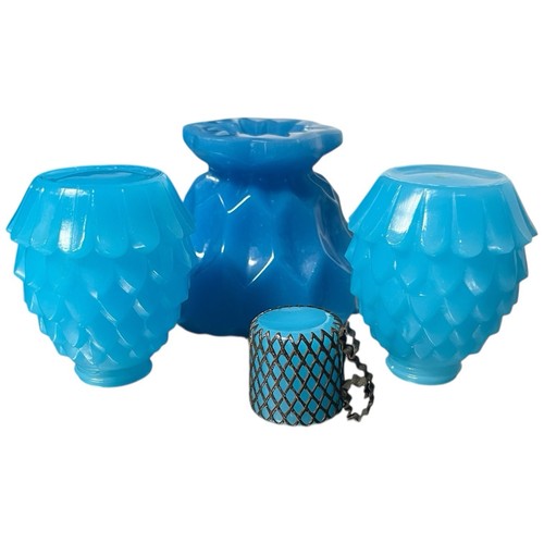 Antique French Opaline Blue Glass Collection Of Small Dresser Items Five Pieces - Picture 5 of 7