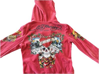 Ed Hardy Christian Audigier Red Velour Rhinestone Zip Hoodie Skull Tattoo Women 