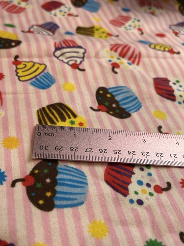 Pink White Stripe Cupcake Flannel Fabric JoAnn 1 Yard Cotton Quilt F56 - Picture 2 of 4