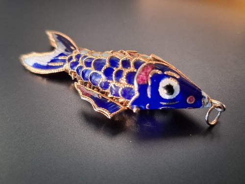 Antik Anhänger Beweglicher Gliederfisch Cloisonne Emaille Blau