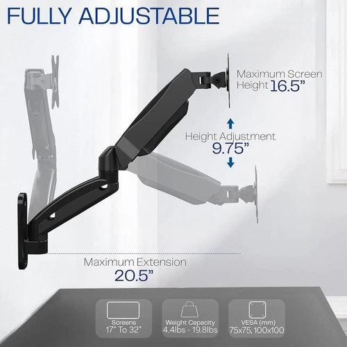 VIVO Height Adjustable Pneumatic Extended Arm Single Monitor Wall Mount FREE P&P - Afbeelding 6 van 9