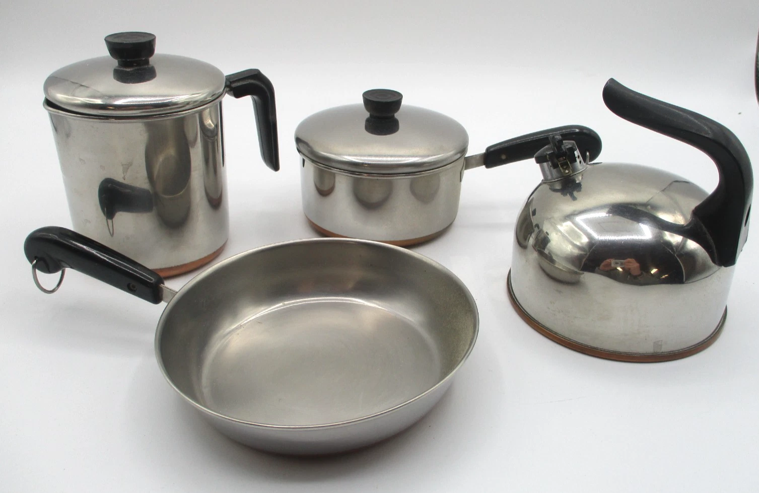 VTG REVERE WARE COPPER CLAD MINI TEA KETTLE COFFEE POT FRY PAN COVERED SAUCE PAN