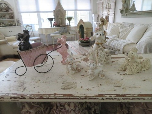 6 SIX Vintage Ceramic POODLES Figurines & Cart MCM Pink White Black Spaghetti