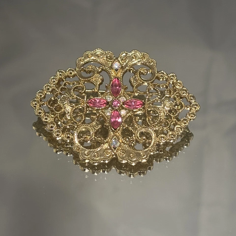 Винтажная золотистая филигранная булавка с розовыми стразами с цветочным рисунком бижутерия 80-е - Изображение 3 из 4